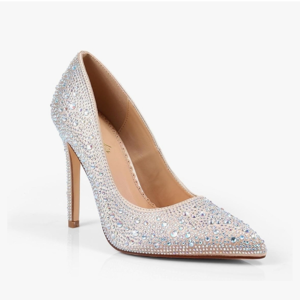 Rhinestone Stiletto Heels | Nude Sparkle Pointed Toe Pumps | Size 7